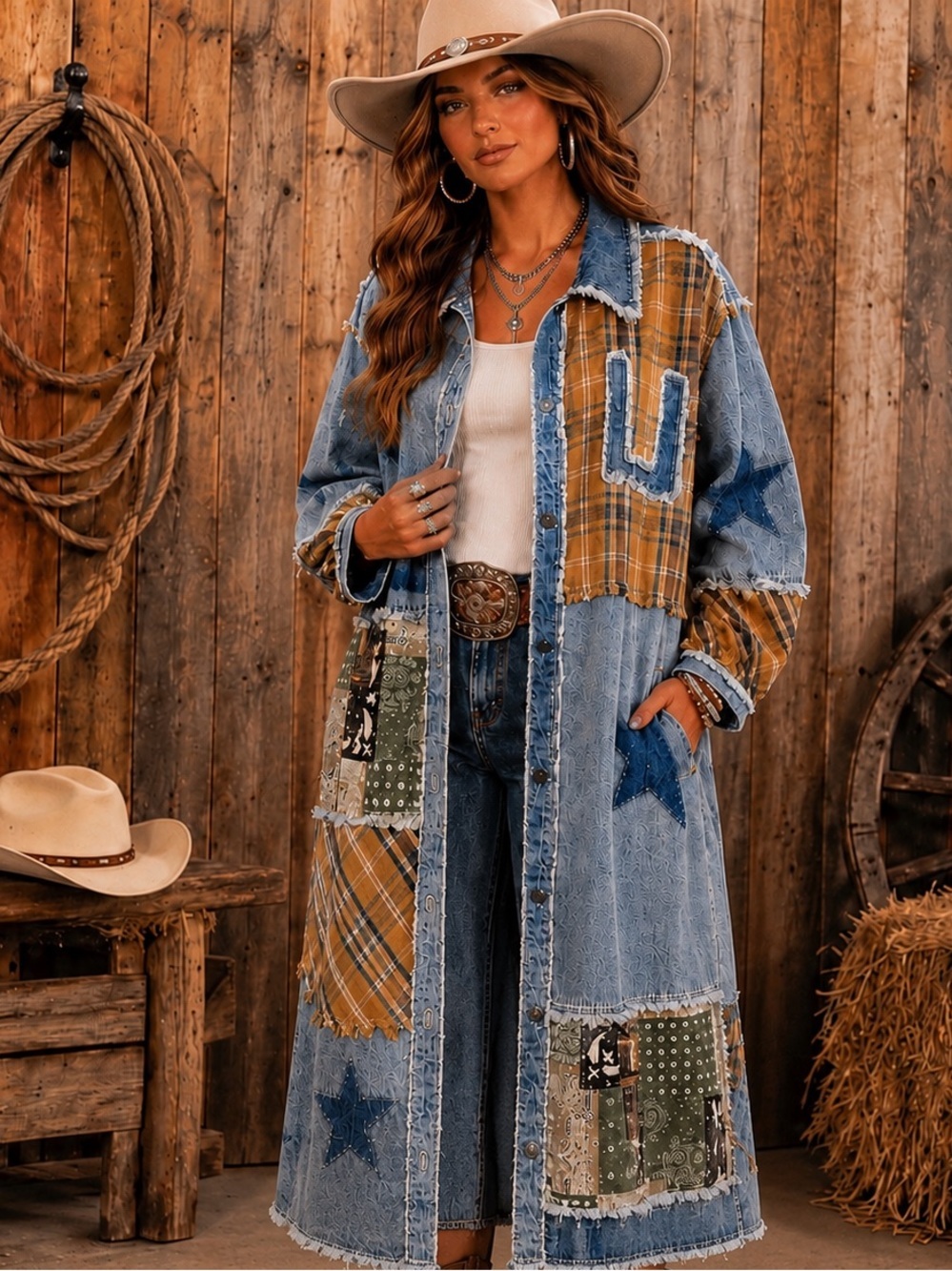 POL S Patchwork Denim & Plaid Long Coat with Star Accents